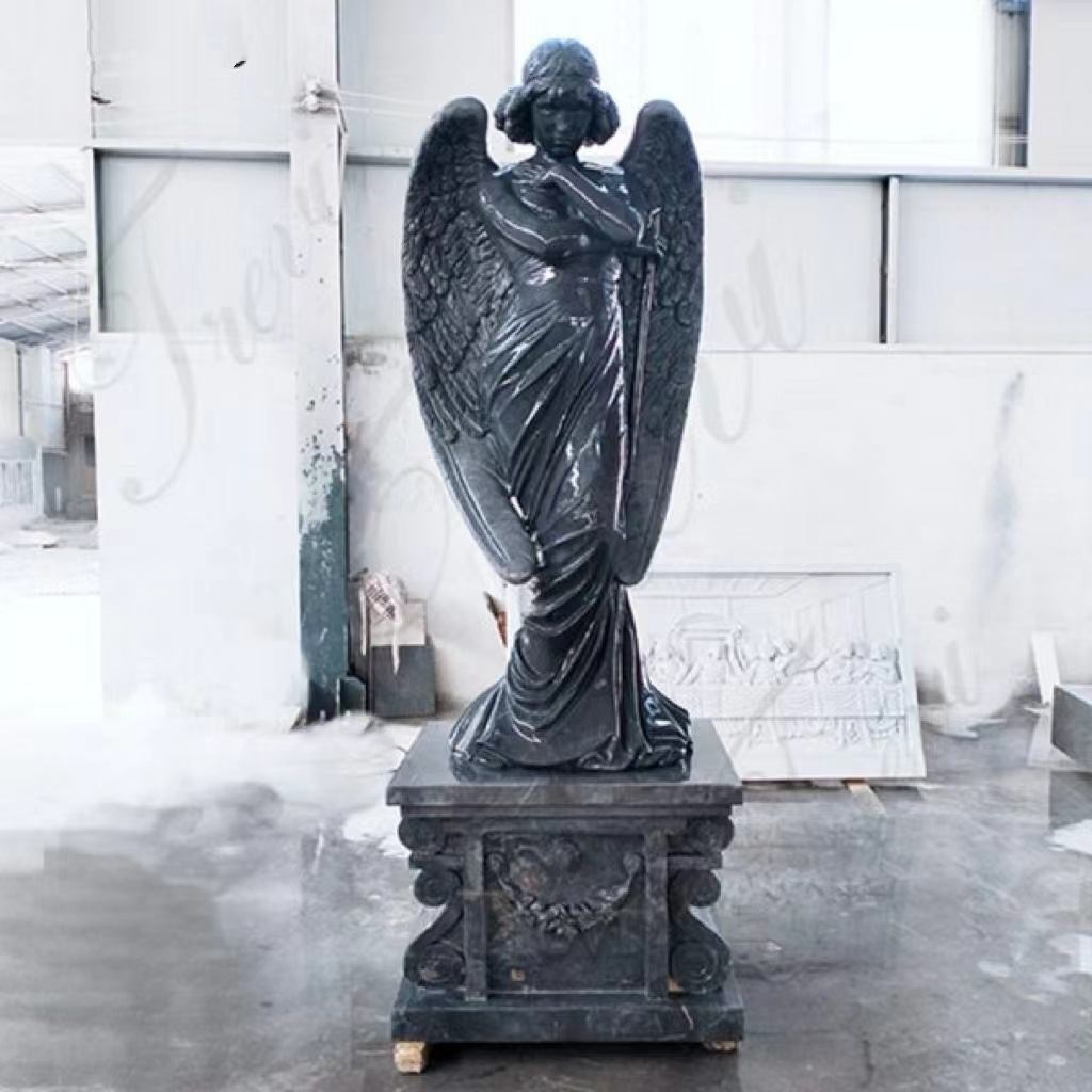 European Black Marble Angel Statue - Artistic Stone Sculpture Memorial Decoration